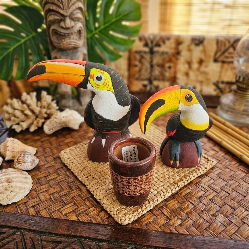 Vintage Hand-Painted Balsa Wood Toucans & Etched Terracotta Vase, Tiki Decor